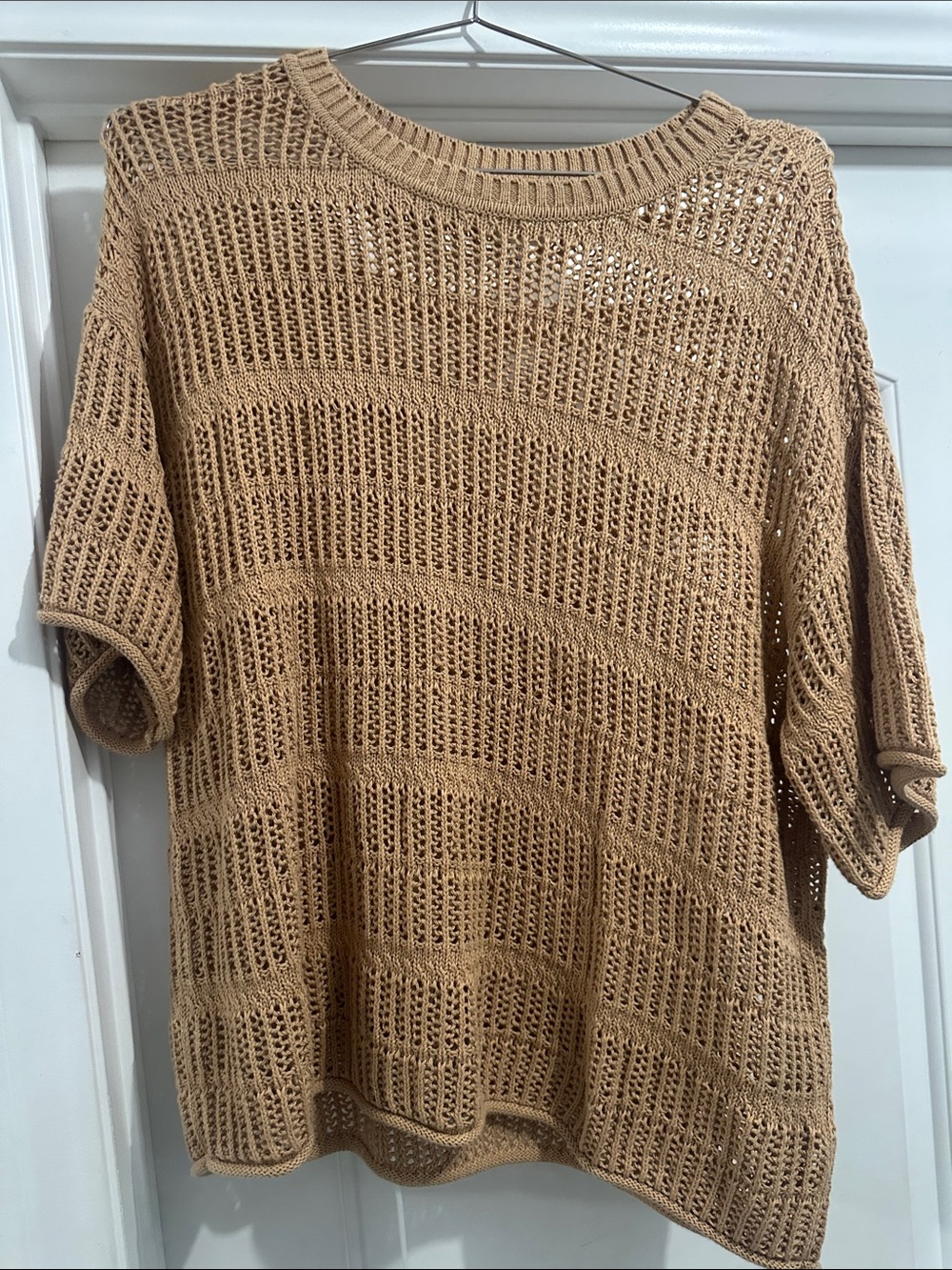 aerie Open Knit Short Sleeve Sweater Tee - Beige